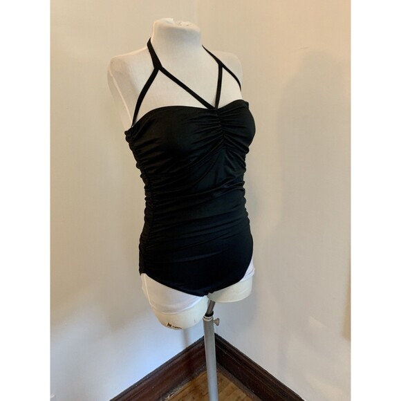 Kamali Kulture Shirred Waist Mio  One Piece Swim Ruched Black Large Halter Cut - Picture 10 of 13